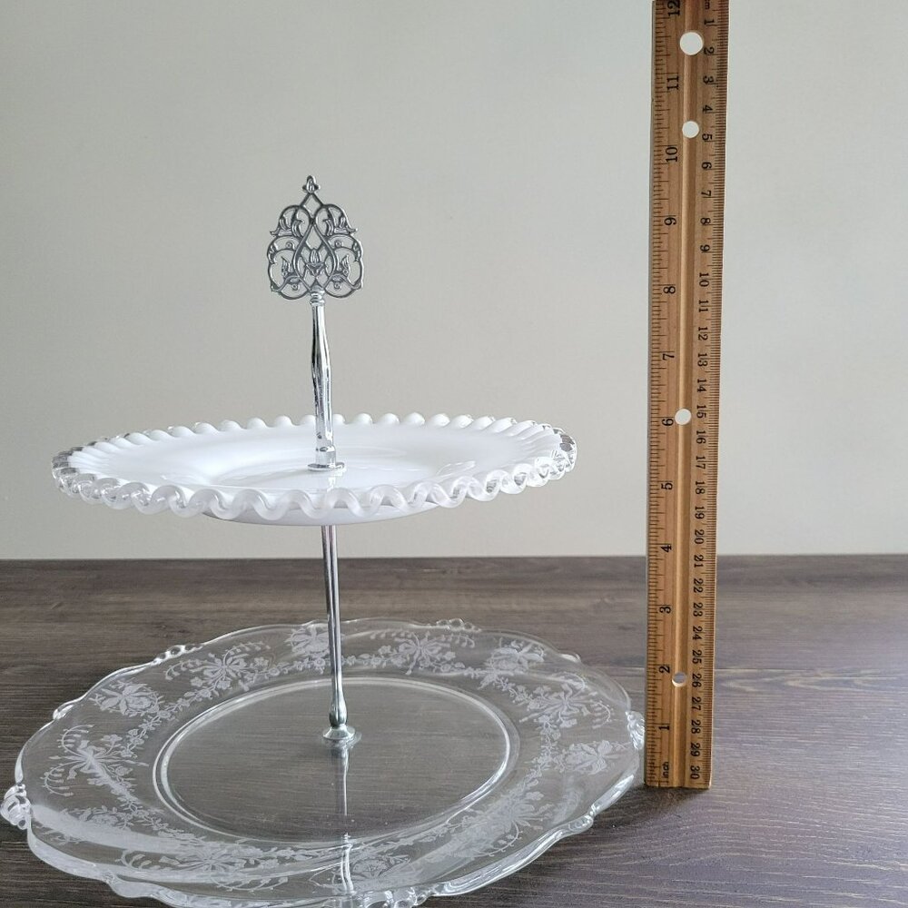 Mismatched Vintage 2-Tiered Glass Dessert Stand Fenton Silver Crest & Heisey - Picture 10 of 16